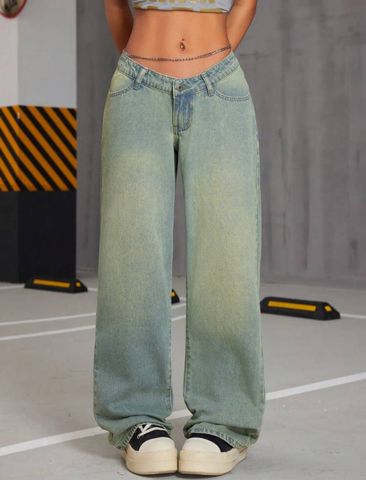 SHEIN ICON Jeans de mujer con cinturón vintage lavado en V