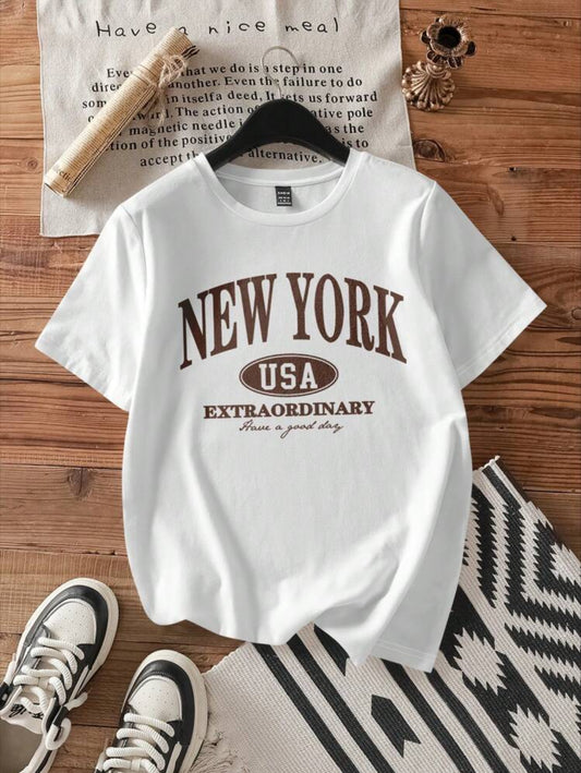 SHEIN Attitoon Camiseta de algodón de mujer de corte ajustado con cuello redondo y manga corta, con estampado de letras, adecuada para el verano