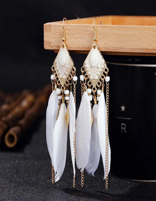Pendientes largos pluma con fleco