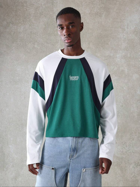SUMWON Camiseta de manga larga con corte ajustado y diseño de bloques de color de Sumwon Studios, moda urbana y deportiva, estilo casual y retro, para primavera y otoño