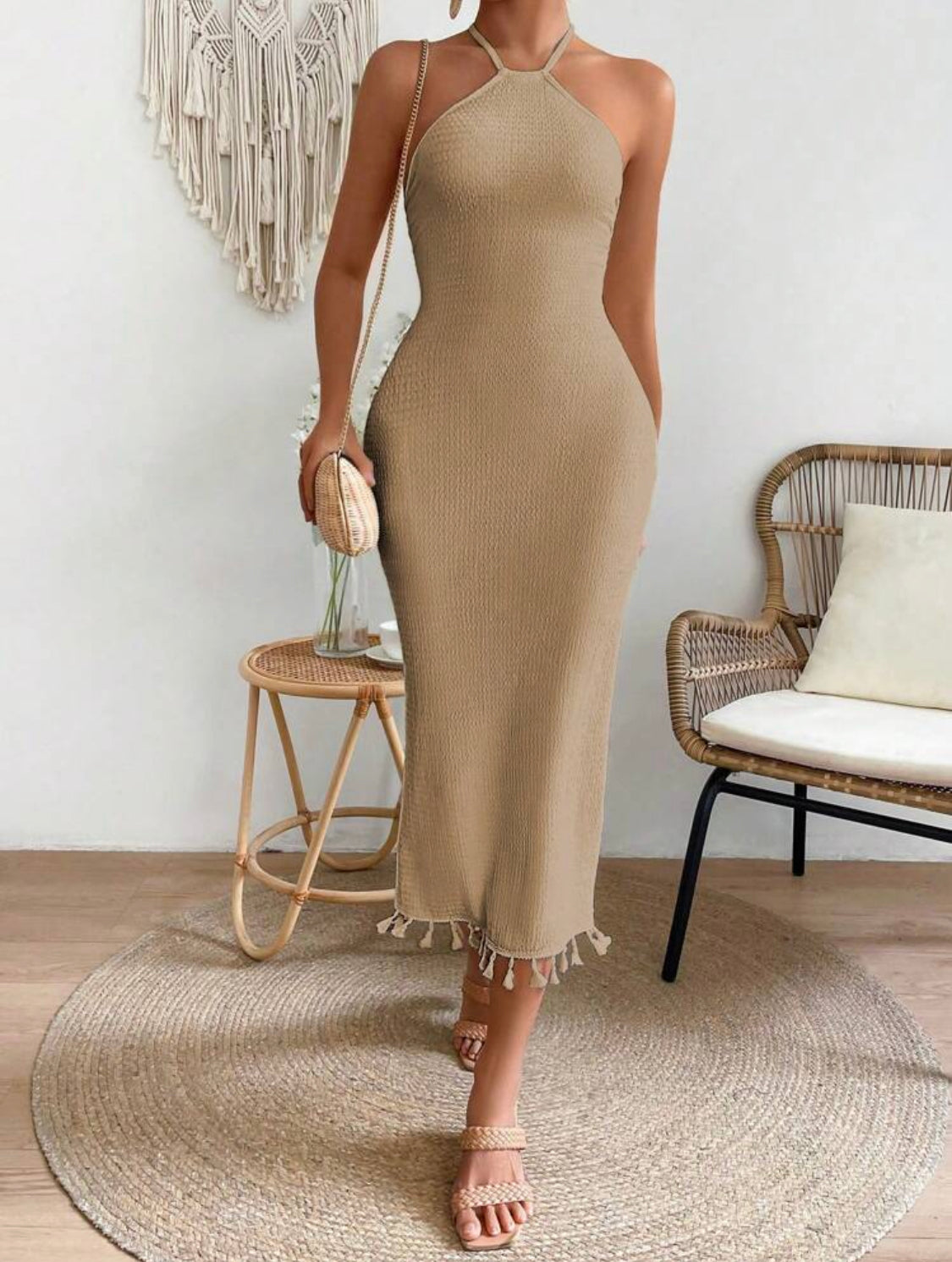 SHEIN Holidaya Mujeres vestido de ajuste delgado con escote descubierto con hombros al aire y espalda descubierta en unicolor con borlas