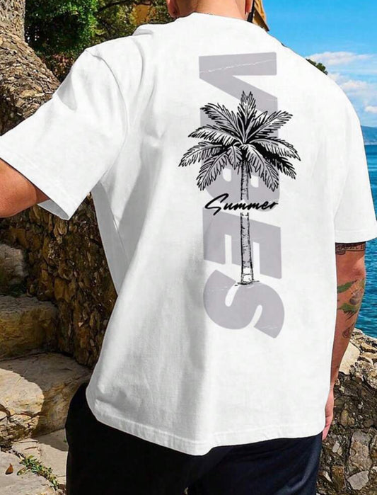 Remera Oversize Manfinity Chillmode Camiseta casual de manga corta con cuello redondo, estampado gráfico de árbol de palma y texto para hombres en verano, regalo para novio, para salir
