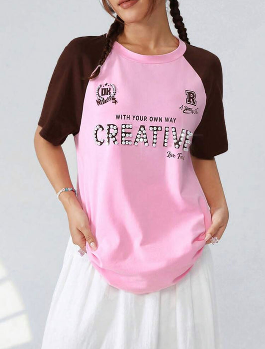 Remera Oversize SHEIN EZwear Camiseta Para Mujer Con Impresión De Letras Y Bloques De Colores