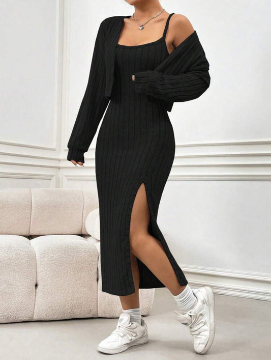 SHEIN MOOSTA Vestido Y Abrigo Con Tirantes De Espagueti Simple Y Casual, De Franela
