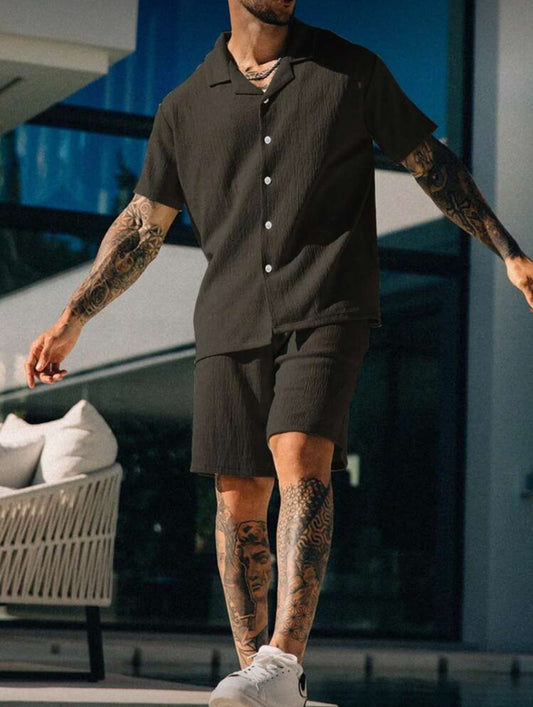 Manfinity Homme Conjunto de camisa de manga corta de unicolor con textura y pantalones cortos para hombre, conjunto de ropa de verano para hombres