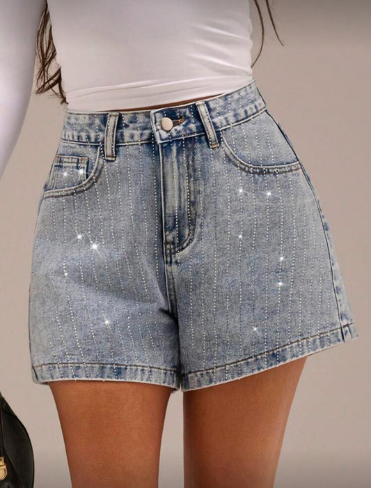 Avantive Nuevos shorts vaqueros de mujer para fiesta de verano con efecto lavado, desgastados y decorados con rhinestones en estilo vintage