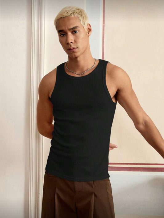 SWAVVY Camiseta de tirantes negra ajustada y casual para hombres, versátil y de tela