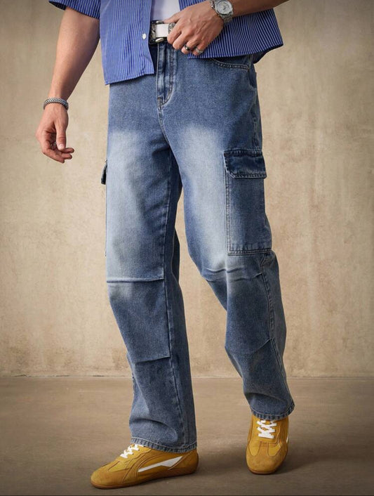 RivetRise Pantalones vaqueros de carga de mezclilla lavados informales para hombres