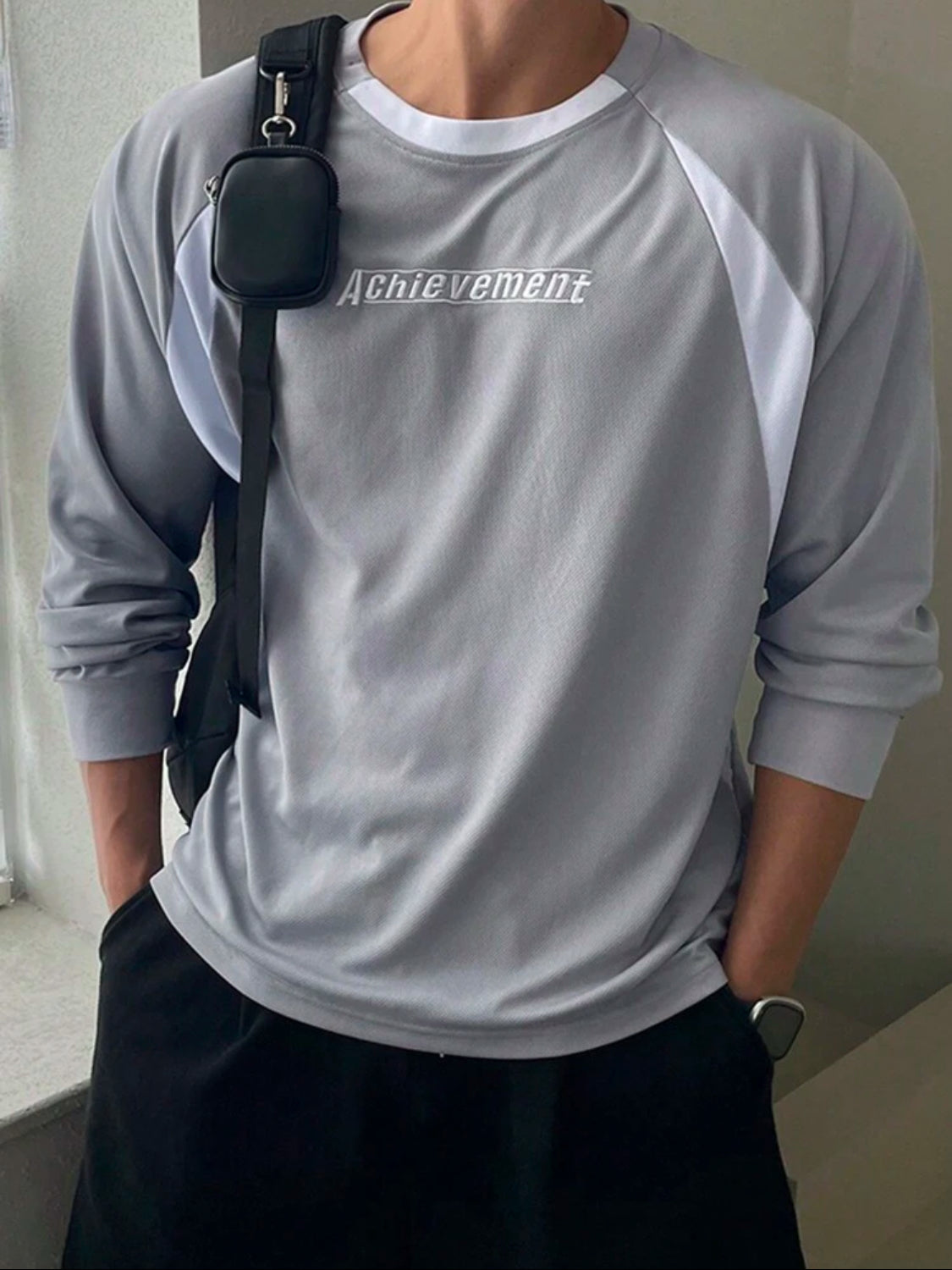 DAZY Camiseta casual de manga raglán con cuello redondo y estampado de letras para hombres, otoño