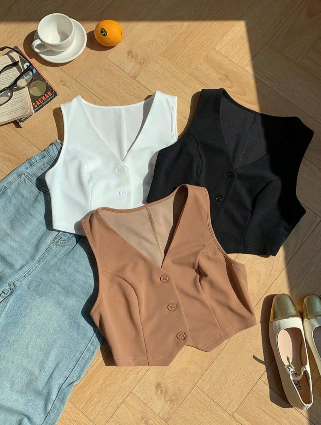 SHEIN Comfortcana 3 piezas/Conjunto de chaleco de verano de mujer de cuello en V sólido y de un solo botonadura (blazer)