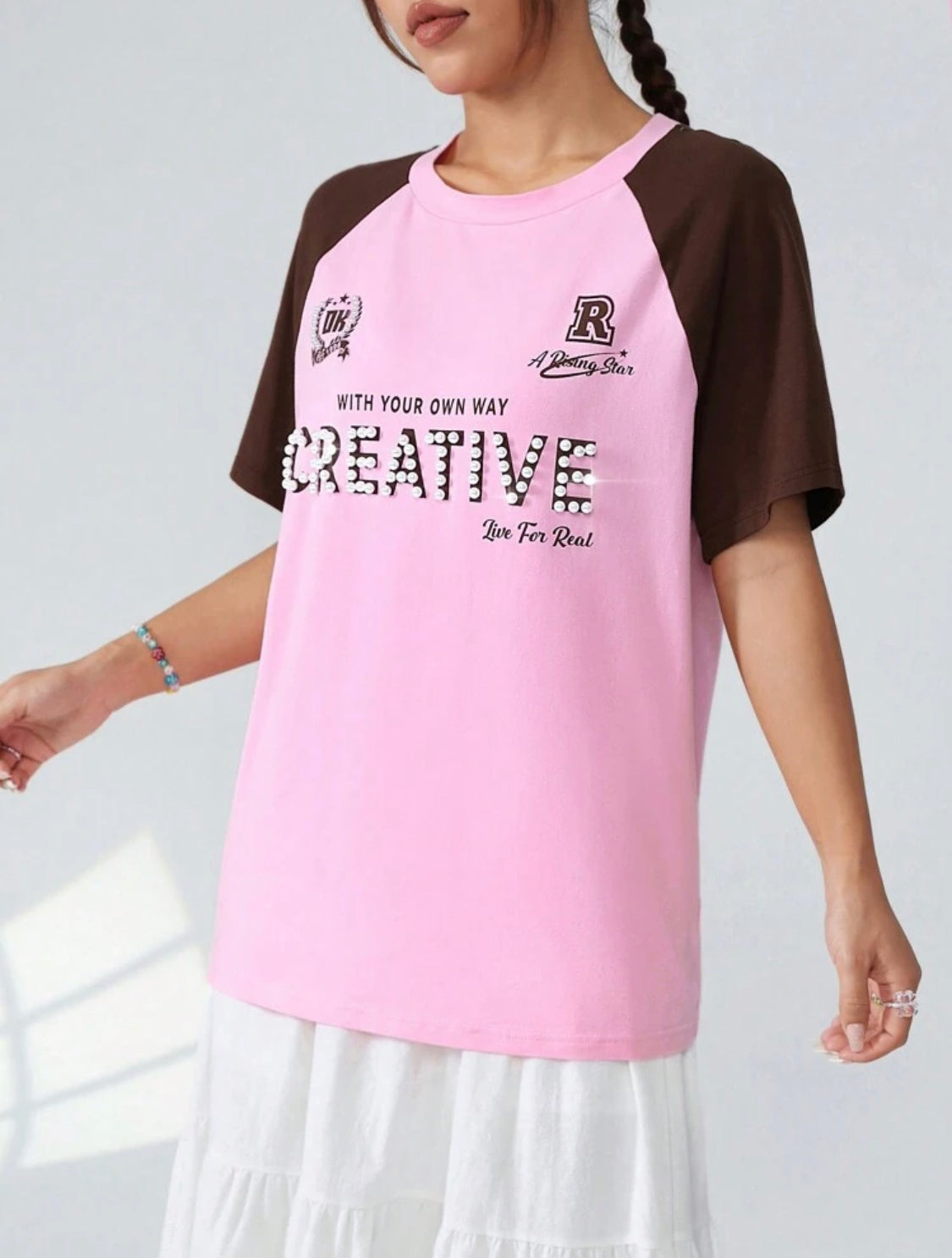 Remera Oversize SHEIN EZwear Camiseta Para Mujer Con Impresión De Letras Y Bloques De Colores