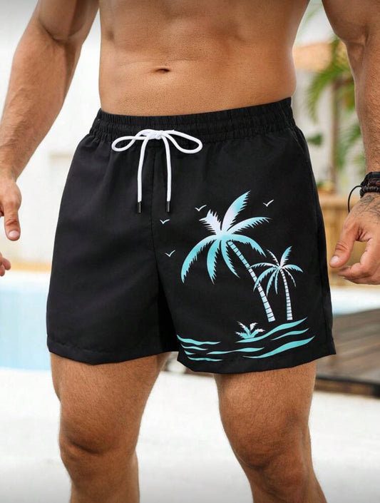 Manfinity Swimmode Shorts casuales de playa para hombres, con estampado de palmeras tropicales verdes, cintura elástica con cordón, pantalones de playa versátiles y de moda para el verano