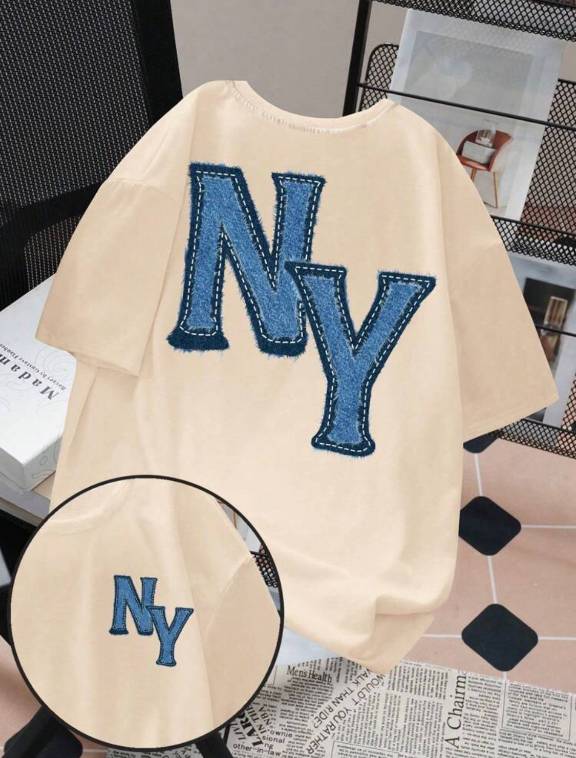 Remera Oversize SHEIN EZwear Camiseta de mujer de verano ajustada de manga corta, cuello redondo, con estampado del logo de NY, de corte holgado