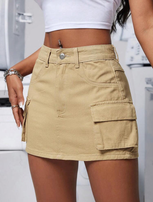 SHEIN PETITE Falda vaquera casual de unicolor para verano con bolsillos utilitarios
