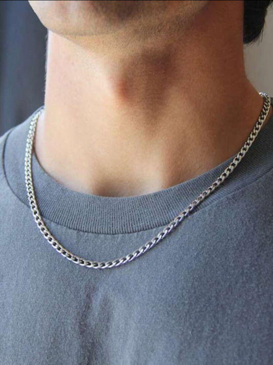 1 pieza Collar de cadena de eslabón tipo "cubo" de 4mm de plata para hombre, cadena de acero inoxidable a prueba de agua y sin oxidación, cadena simple de plata para hombres