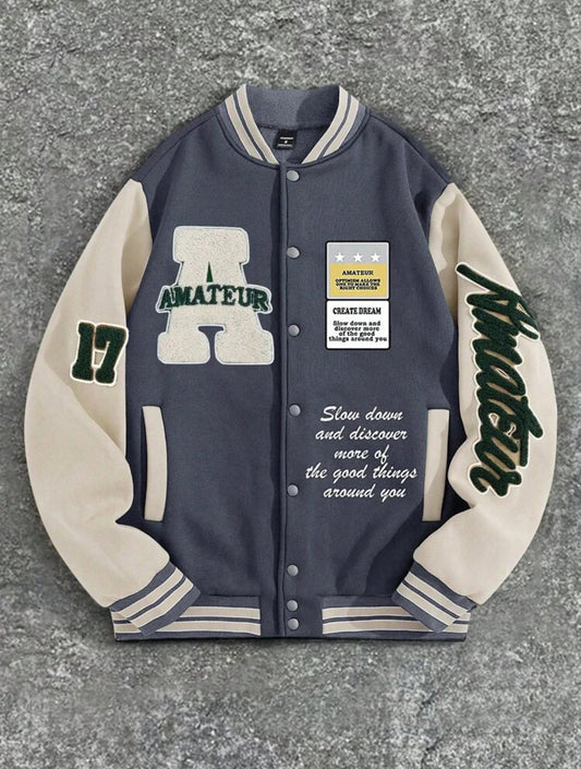 Manfinity Homme Chaqueta de béisbol con interior térmico, estilo universitario casual, con estampado de eslogan y ribete a rayas en contraste, para otoño/invierno