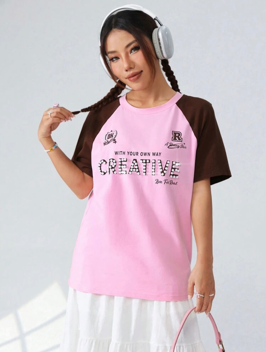 Remera Oversize SHEIN EZwear Camiseta Para Mujer Con Impresión De Letras Y Bloques De Colores