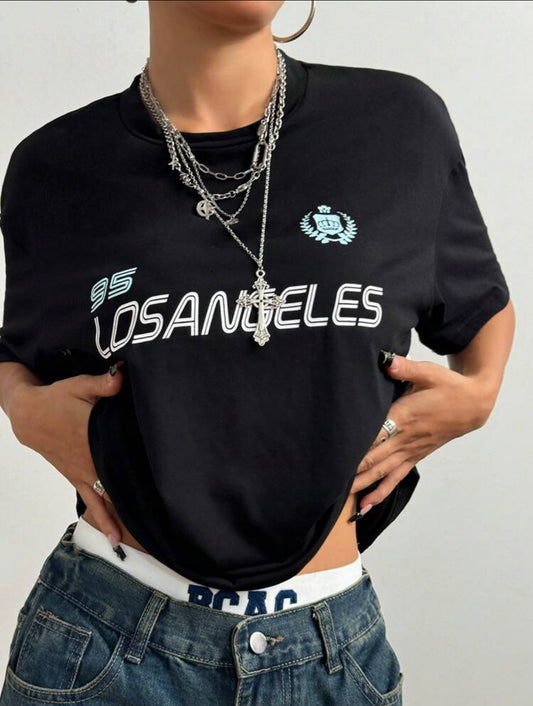 Remera Oversize SHEIN Camiseta casual de manga corta, cuello redondo, de corte suelto con estampado, costuras laterales y franjas contrastantes