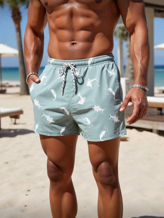 Manfinity Swimmode Pantalones cortos de playa con cordón en la cintura y estampado de peces para hombre