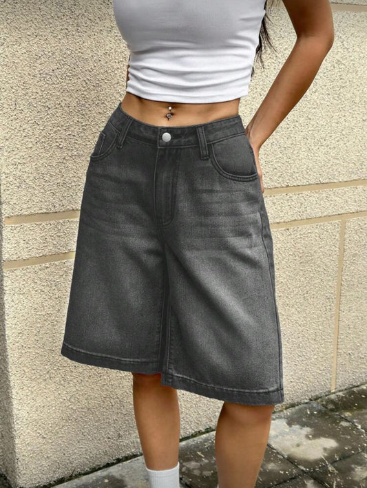 SHEIN ICON Shorts vaqueros anchos de pierna con bolsillos de color liso, casuales y a la moda