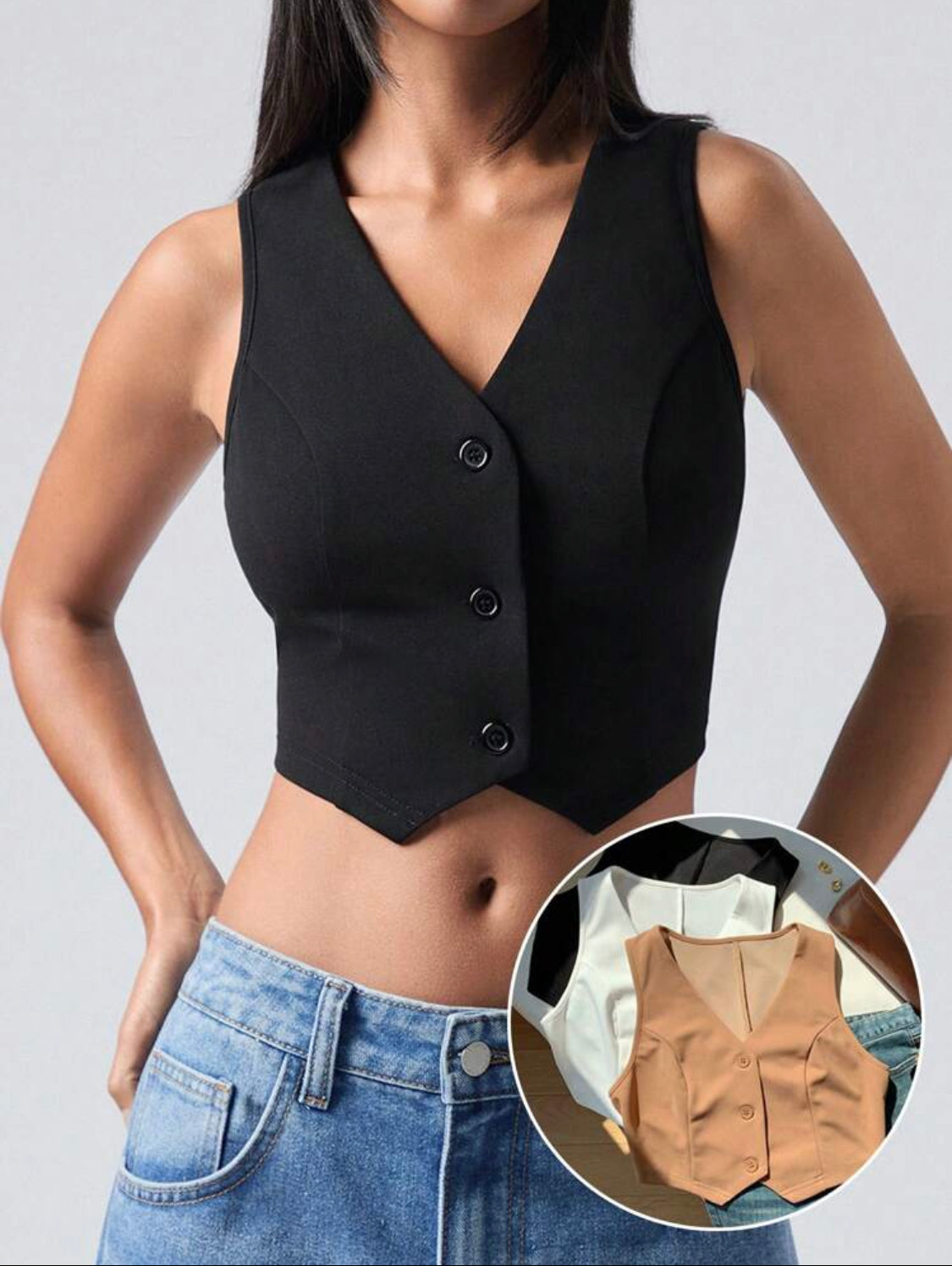 SHEIN Comfortcana 3 piezas/Conjunto de chaleco de verano de mujer de cuello en V sólido y de un solo botonadura (blazer)