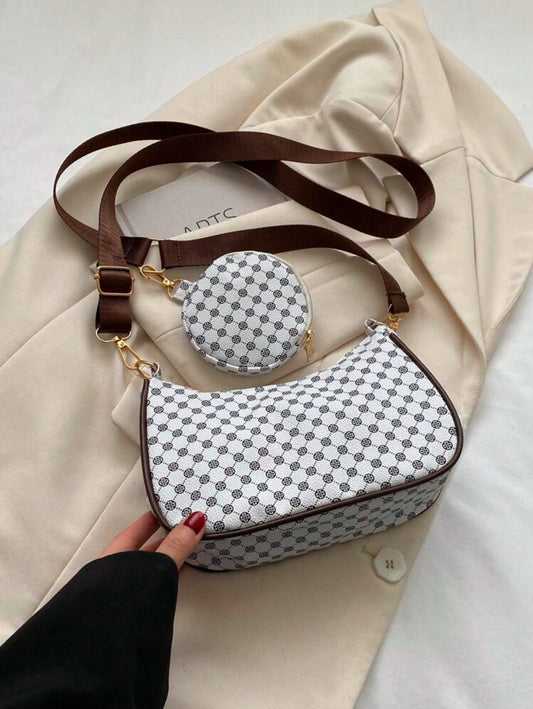 Bolso Hobo Con Estampado Geométrico Con Cremallera Y Monedero, Bolso De Mujer Con Bolso De Diez Centavos